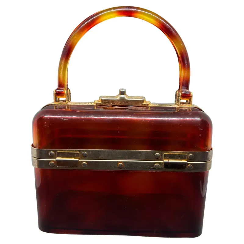 1970s Vintage Fake Tortoise Shell Lucite and Gilded Metal French Hand-Bag