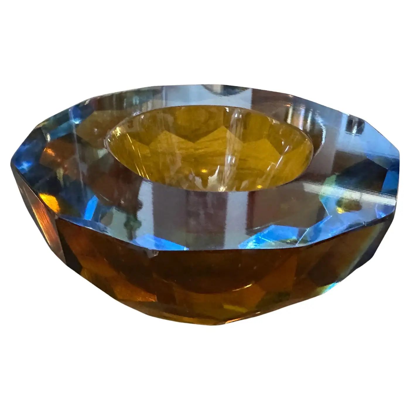 1970s Modernist Blue and Brown Faceted Murano Glass Round Bowl by Mandruzzato