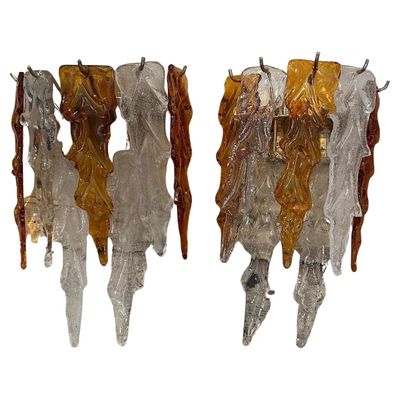 1970s Mid-Century Modern Brass and Murano Glass Wall Sconces by Mazzega
