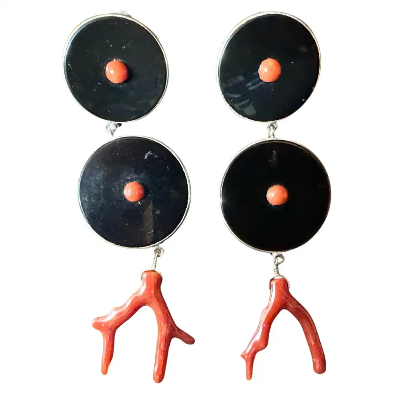 A Pair of Modern Onyx Mediterranean Coral and Silver Long Earrings by Carola
