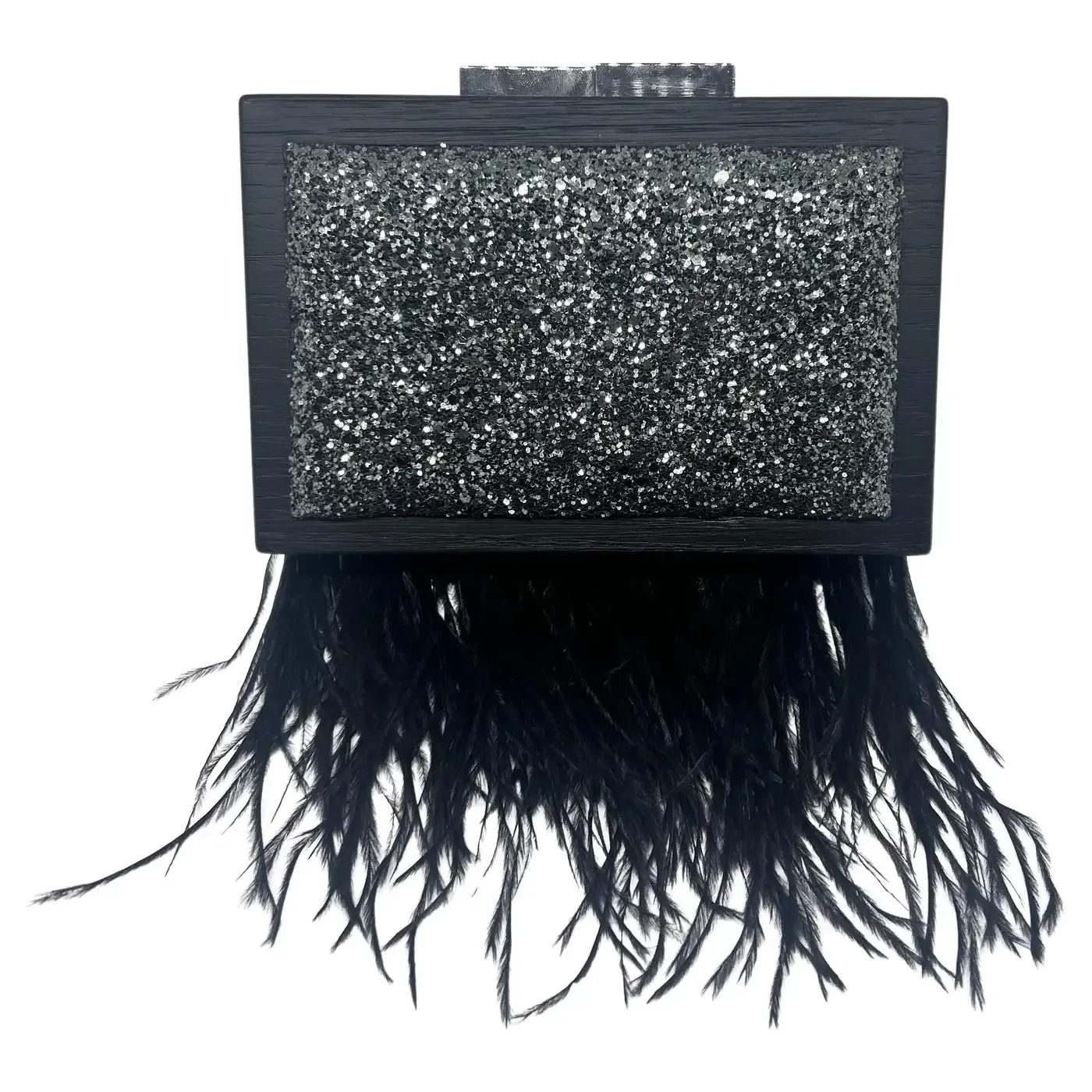 An Elegant Black Wooden Clutch Bag with Feathers and Glitter Made by Laurafed