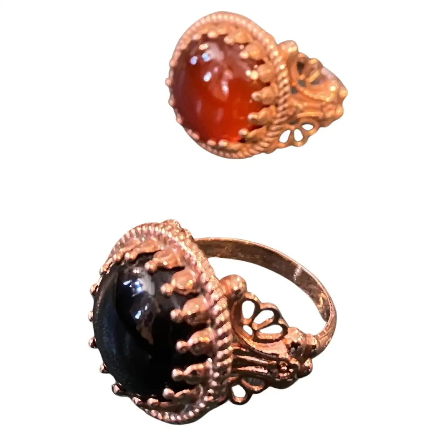 1990s Pair of Bronze Onyx and Carnelian Italian Cocktail Rings by Anomis