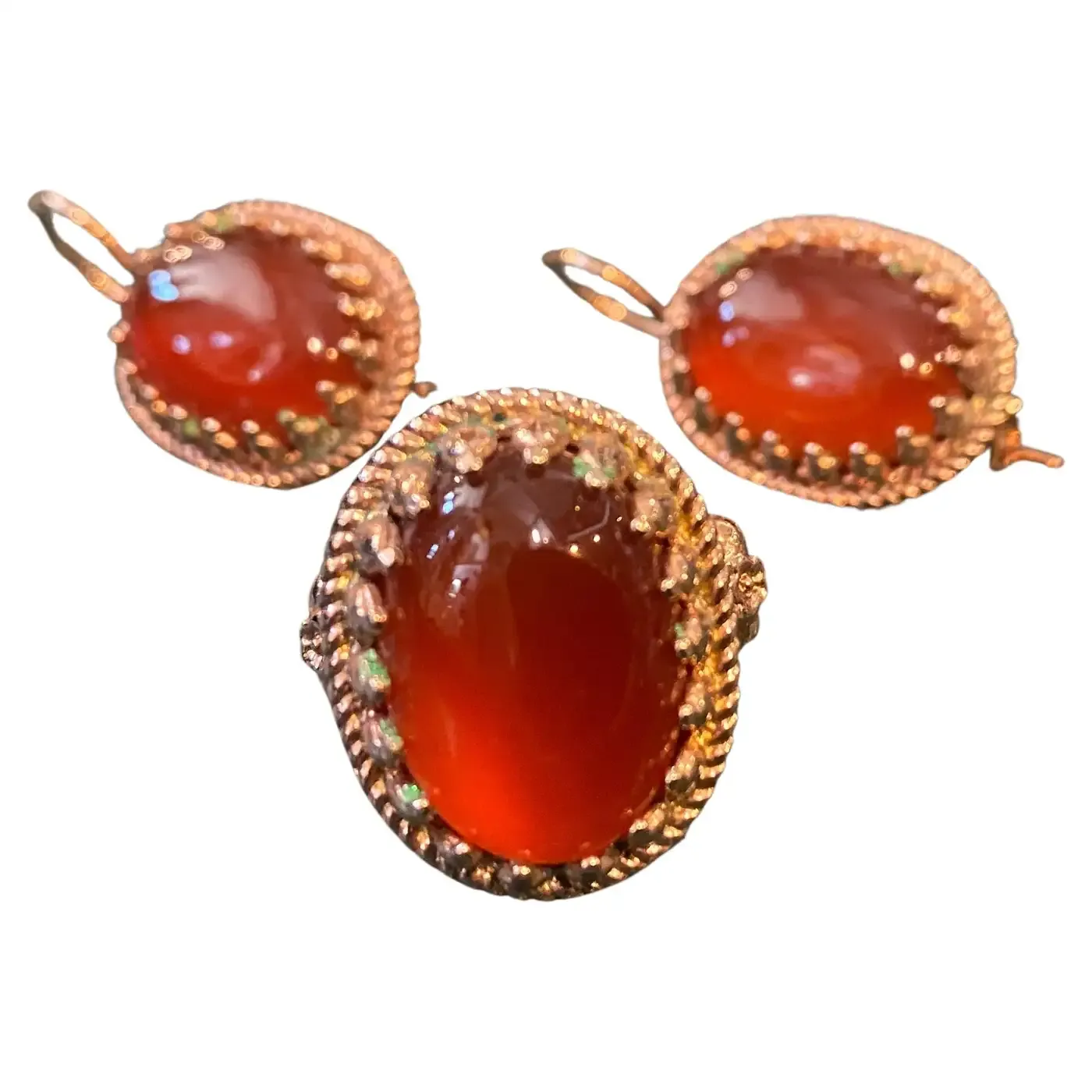 1990s Carnelian Cabochon and Brass Italian Ring and Earrings by Anomis