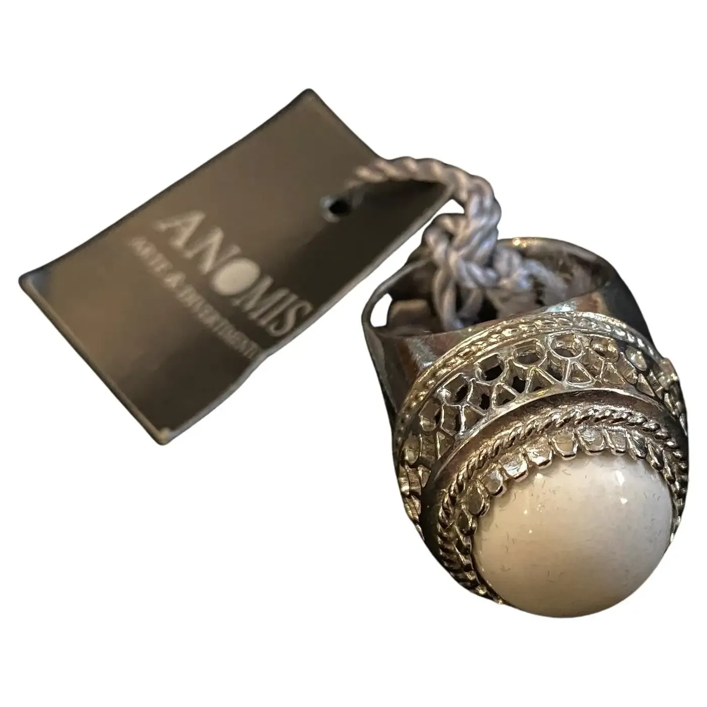 1990s Sterling Silver and White Cabochon Agate Italian Cocktail Ring by Anomis