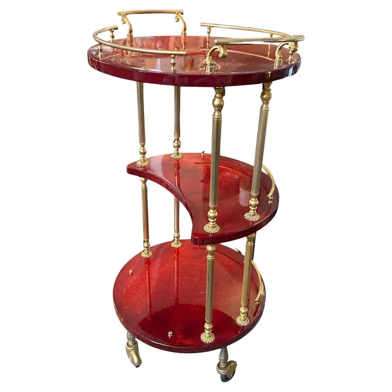 1950s Mid-Century Modern Brass and Red Goatskin Bar Cart by Aldo Tura