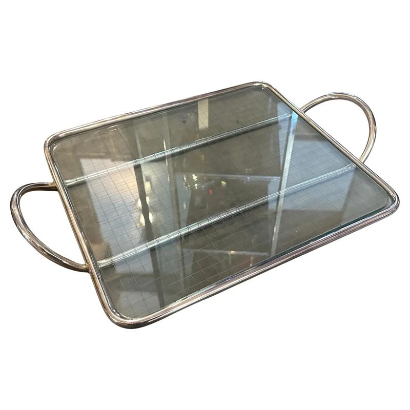 1990s Modern Lino Sabattini Clear Glass and Silver Plated Bar Tray