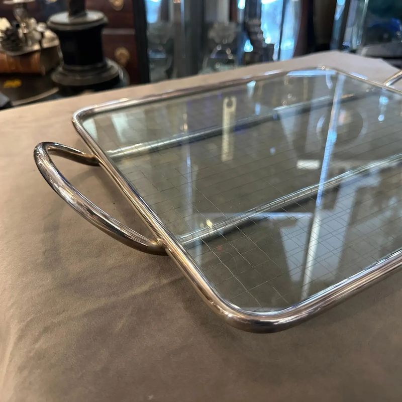 1990s Modern Lino Sabattini Clear Glass and Silver Plated Bar Tray