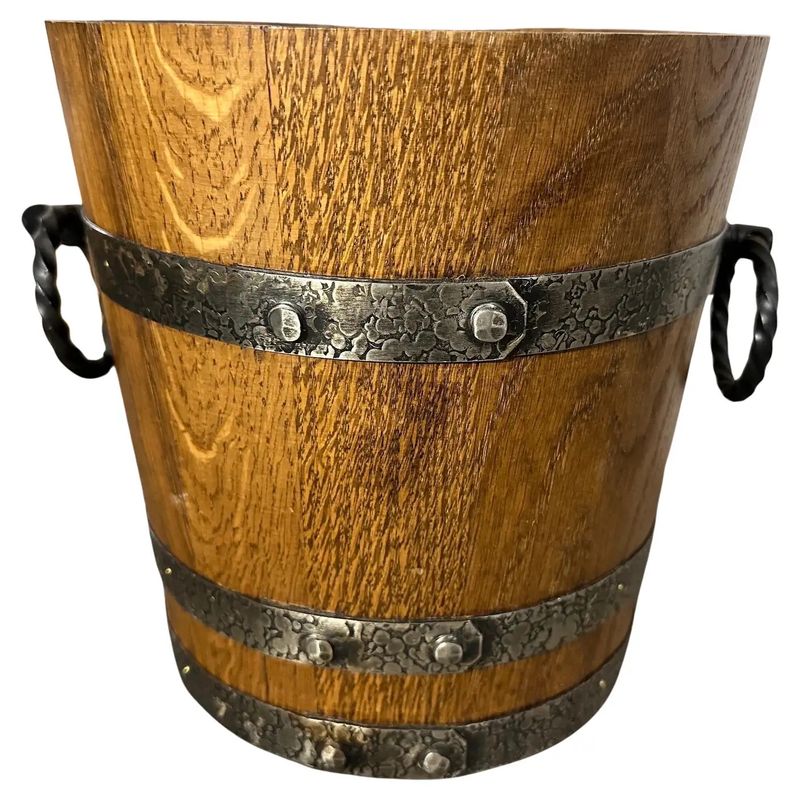 1970s Brutalist Oak Wood and Wrought Iron French Wine Cooler