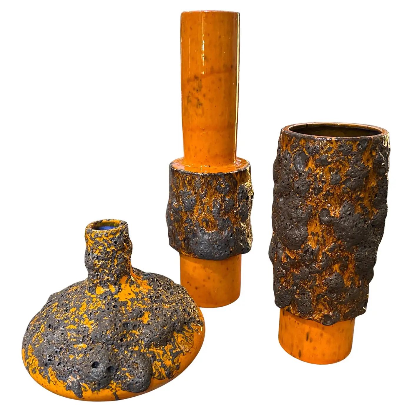 Three 1980s Modernist Orange and Black Fat Lava Ceramic German Vases