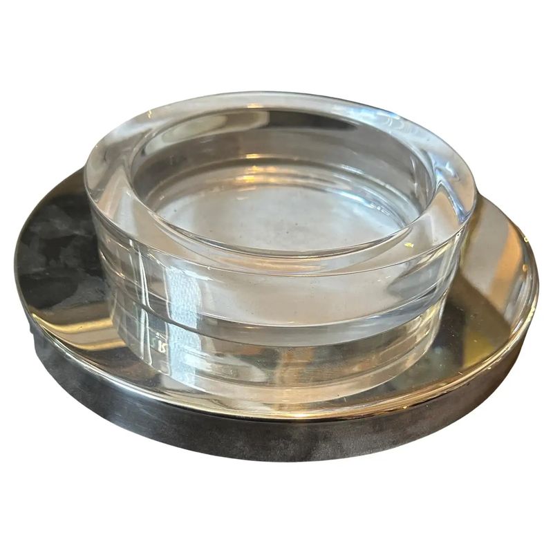 1980s Lino Sabattini Style Minimalist Silver Plated and Glass Bowl