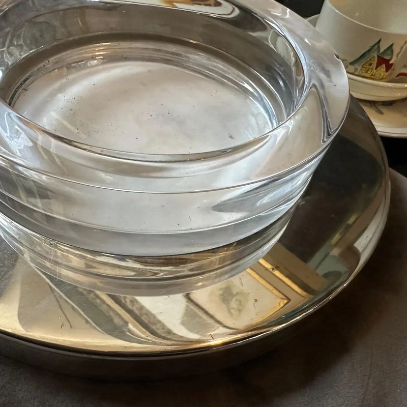 1980s Lino Sabattini Style Minimalist Silver Plated and Glass Bowl