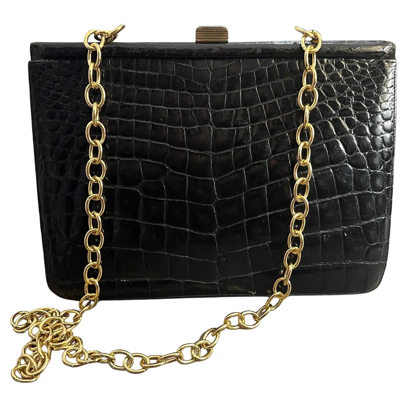 An Elegant 1950s Retro Black Leather and Brass Italian Shoulder Bag
