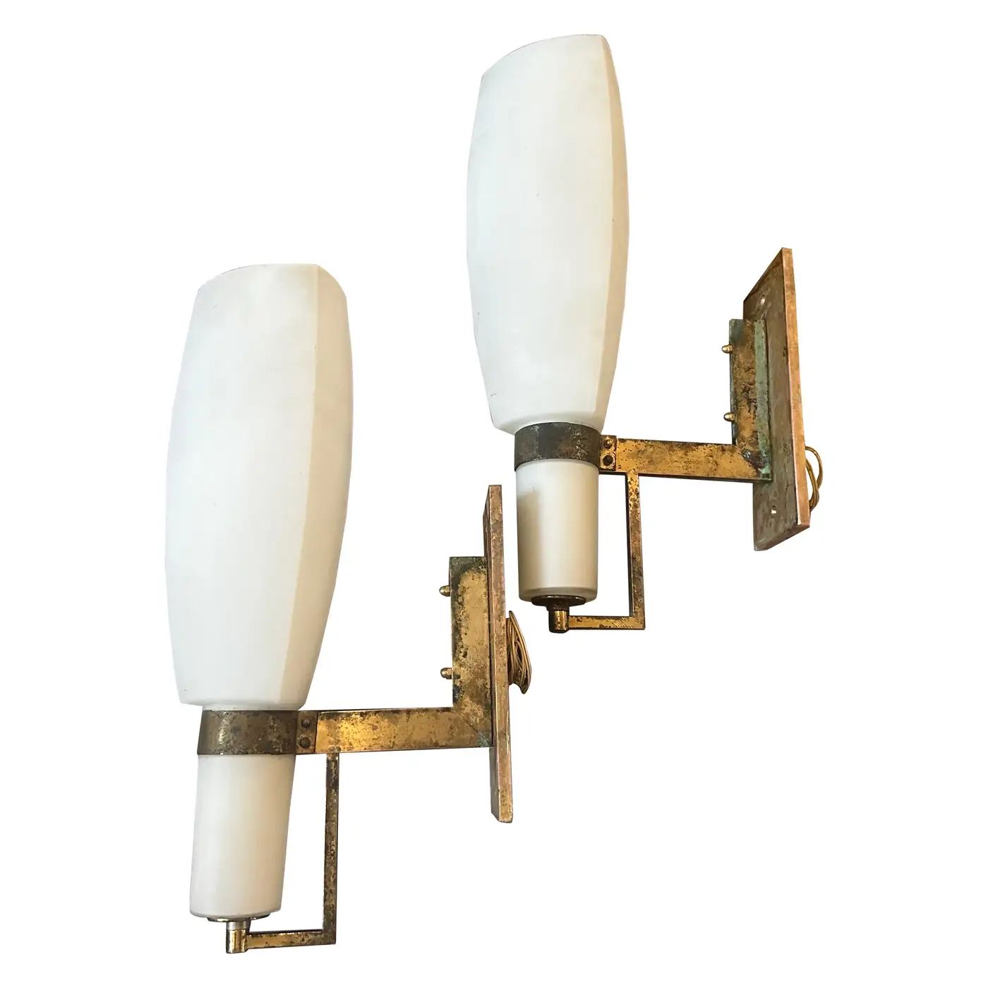 1950s Bruno Gatta Style Mid-Century Modern Brass and Glass Big Wall Sconces