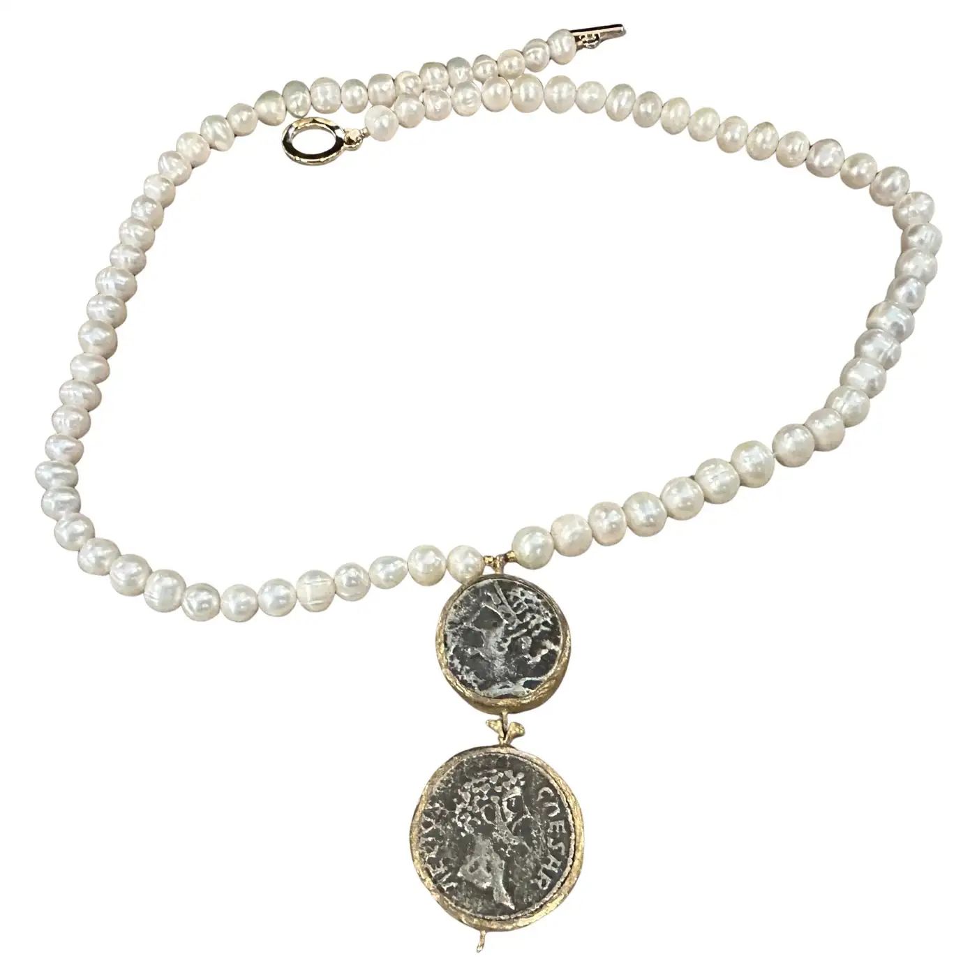 1980s Bulgari Style River Pearls and Brass Roman Coins Pendant Necklace