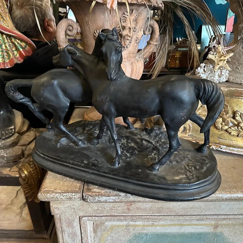 1920s Hand-Crafted Black Painted Terracotta Italian Figure of Two Horses