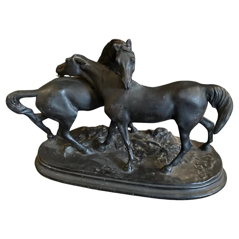 1920s Hand-Crafted Black Painted Terracotta Italian Figure of Two Horses