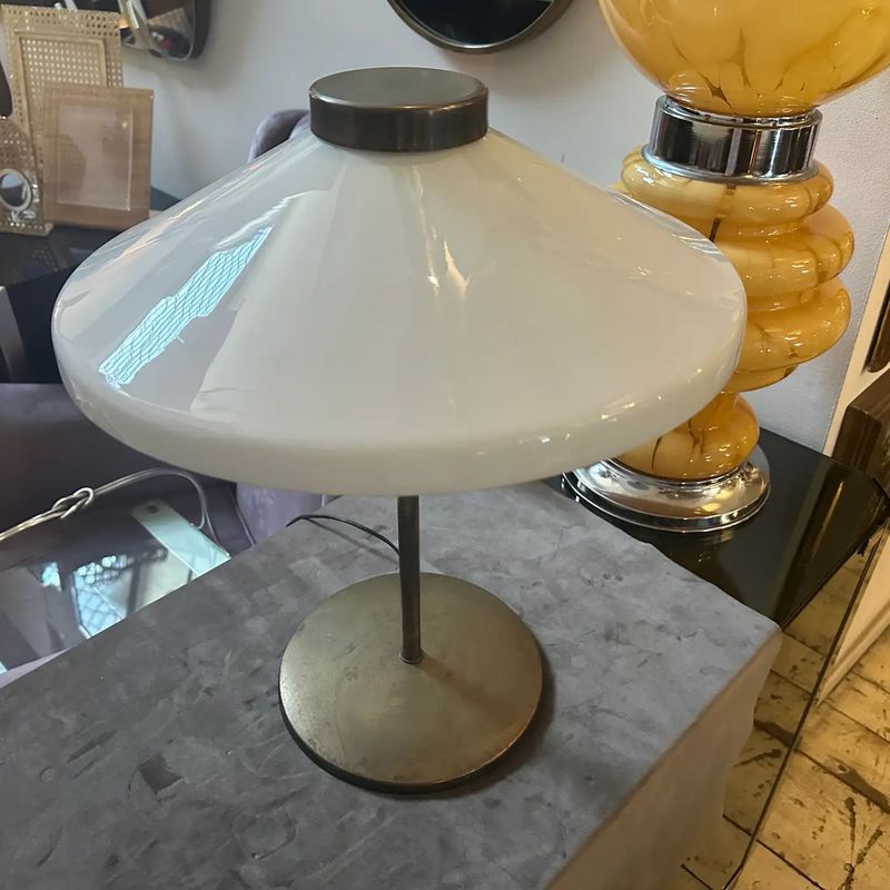 1950 Oscar Torlasco Style Mid-Century Modern Brass and Glass Italian Table Lamp