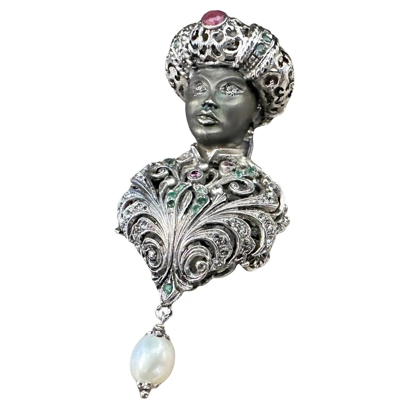 Amazing 1990s Sterling Silver and Precious Stones Italian Brooch