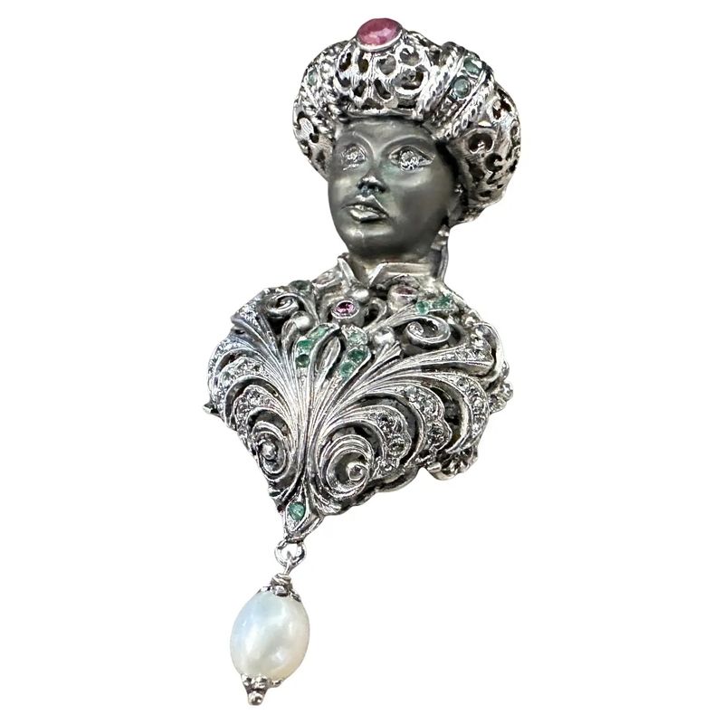 Amazing 1990s Sterling Silver and Precious Stones Italian Brooch