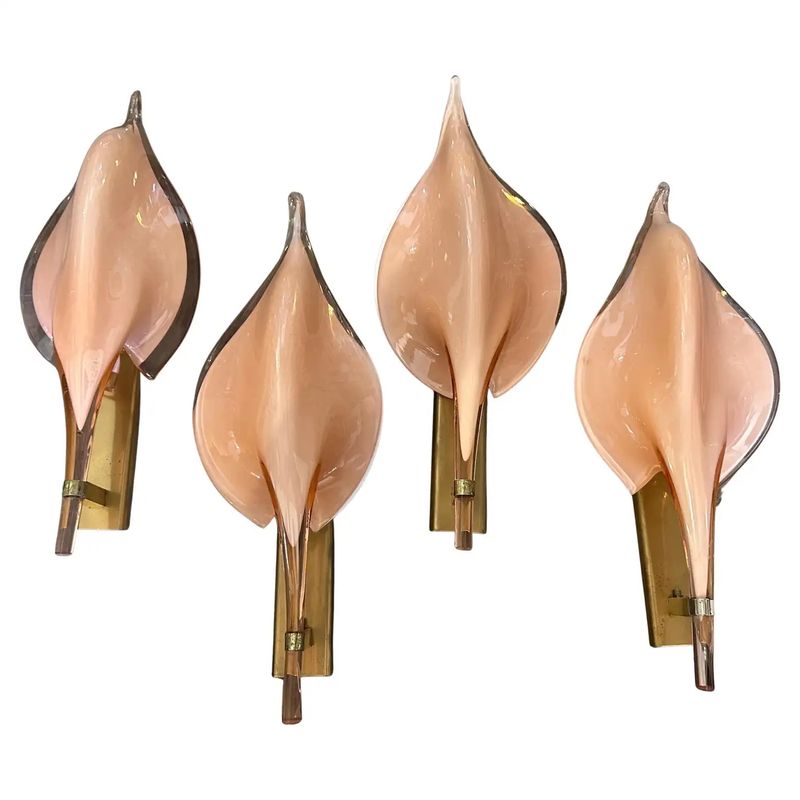 1970s Mid-Century Modern Pink Murano Glass Leaf Wall Sconces by Franco Luce