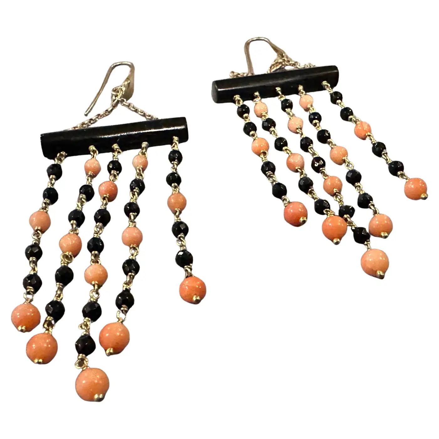 1990s Stunning Onyx and Sciacca Coral Chandelier Earrings by Carola 1990s Stunning Onyx and Sciacca Coral Chandelier Earrings by Carola
