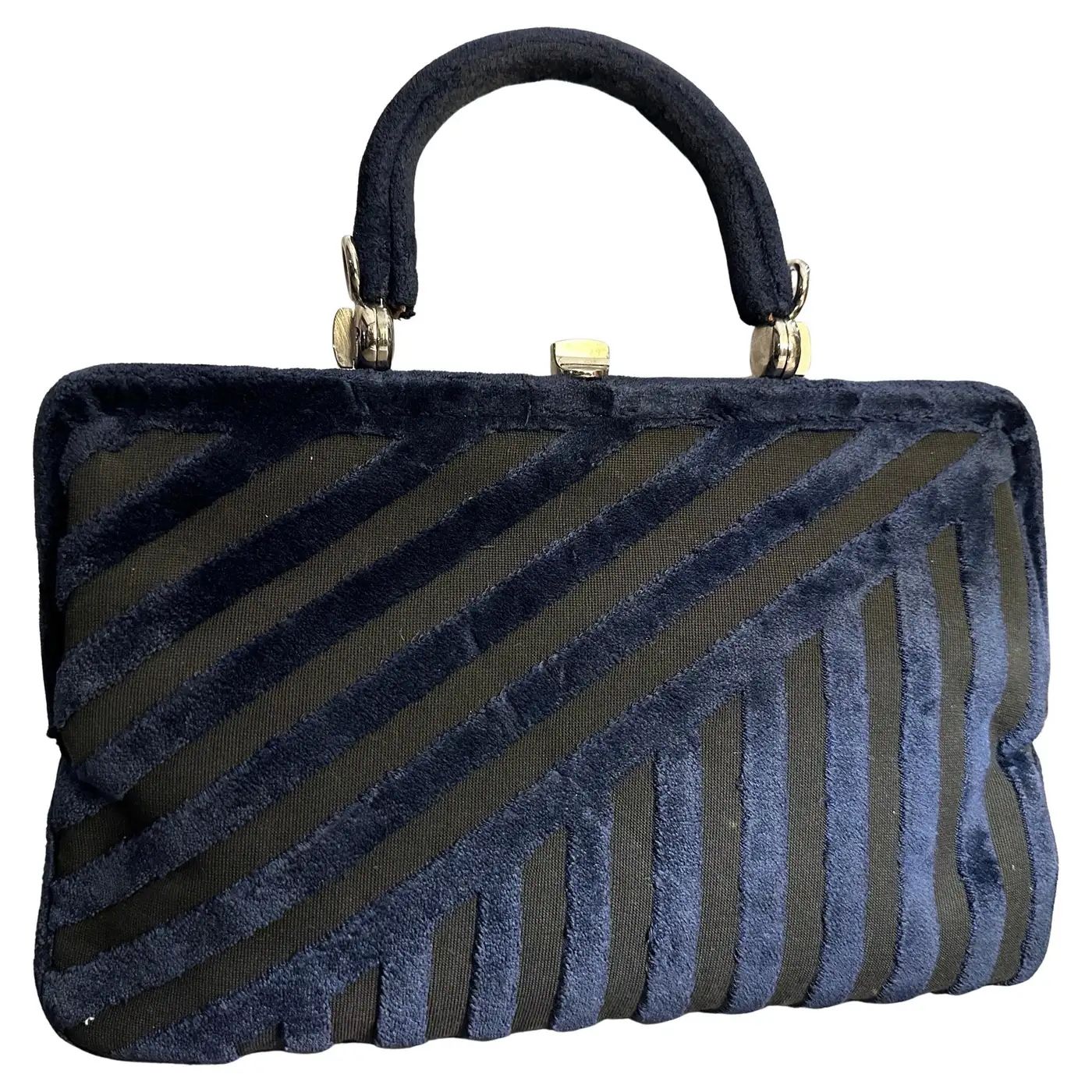 1970s High Quality Blue Velvet Top Italian Handle-Bag by Nieri e Argenti
