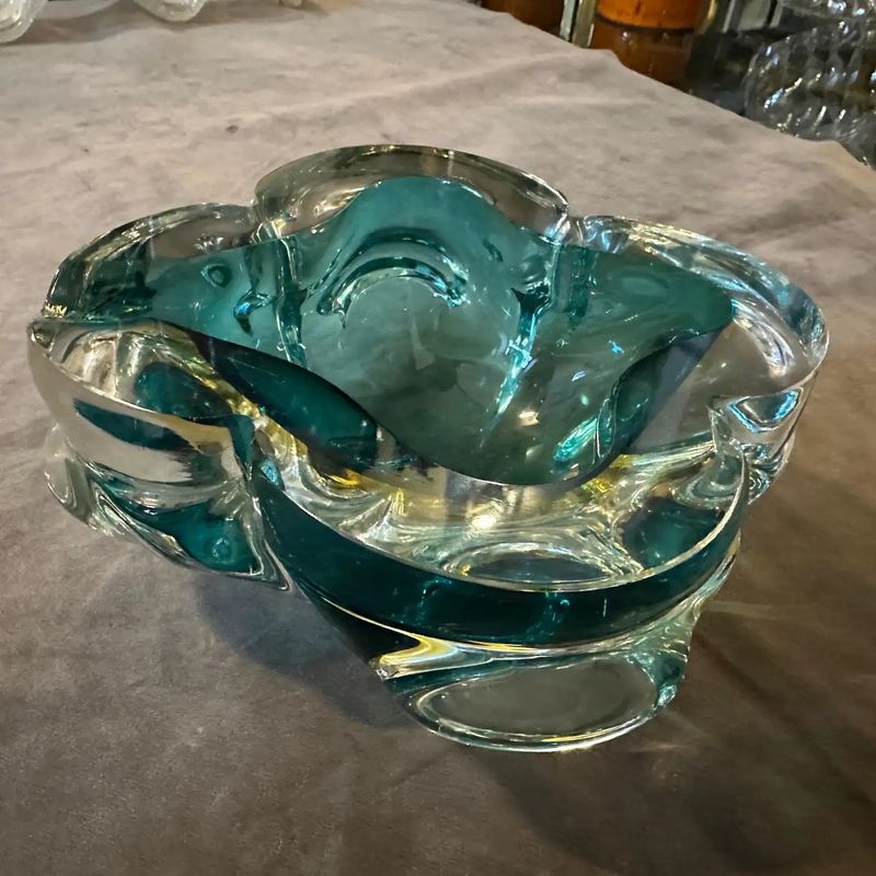 1960s Seguso Style Modern Heavy Green and Yellow Murano Glass Big ashtray