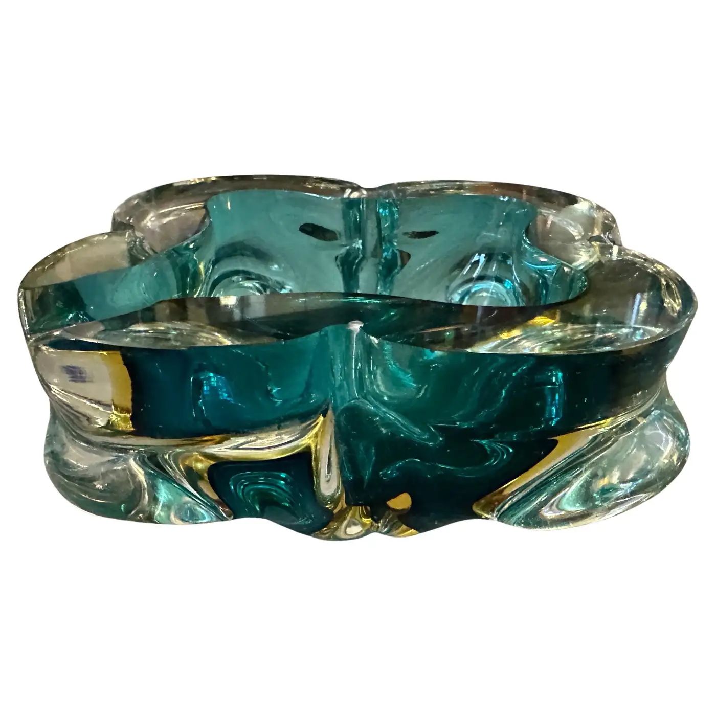 1960s Seguso Style Modern Heavy Green and Yellow Murano Glass Big ashtray