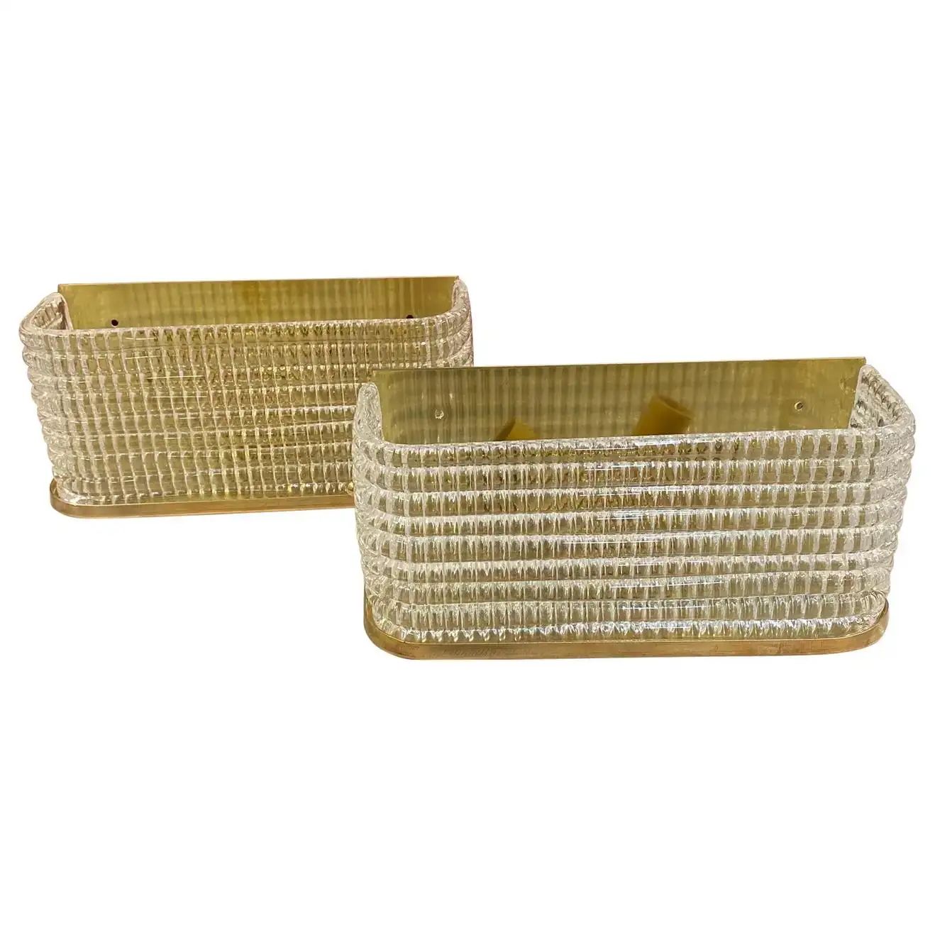 Two 1990s Mid-Century Modern Italian Brass and Glass Rectangular Wall Sconces