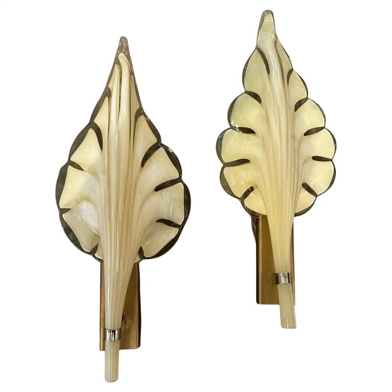 Two 1970s Mid-Century Modern Yellow Murano Glass Leaf Wall Sconce by Franco Luce