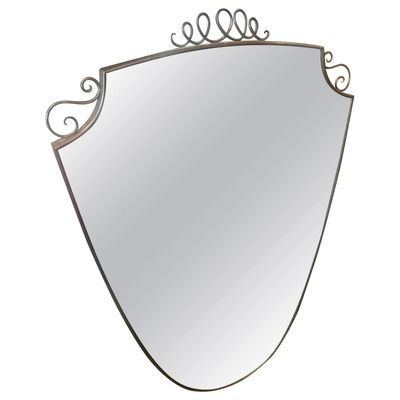 1950s Gio Ponti Style Mid-Century Modern Solid Brass Shield Shaped Wall Mirror