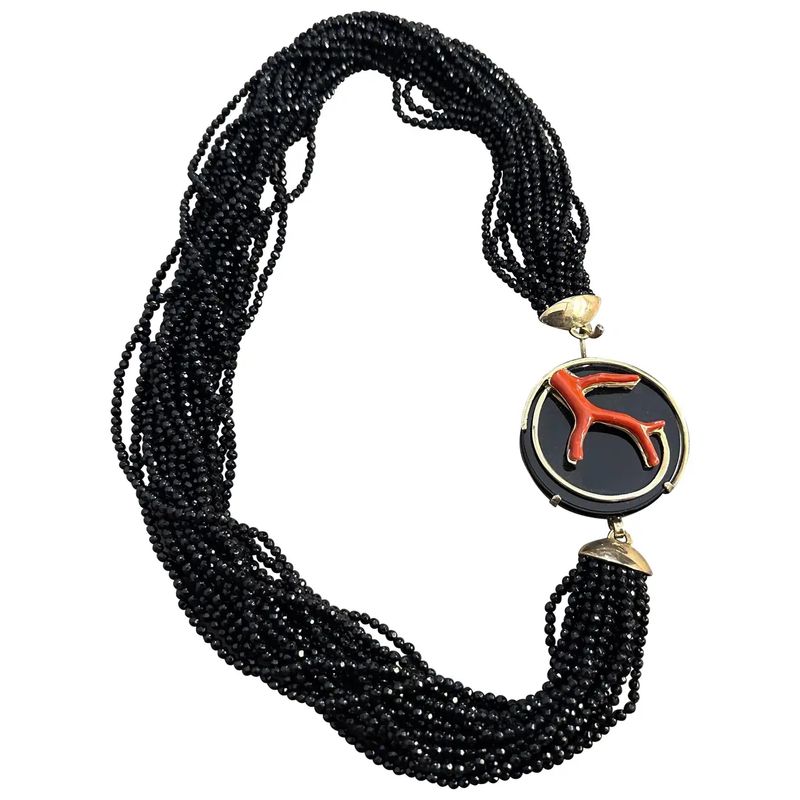 A 1990s Black Onyx and Mediterranean Coral Italian Multi-Strand Necklace