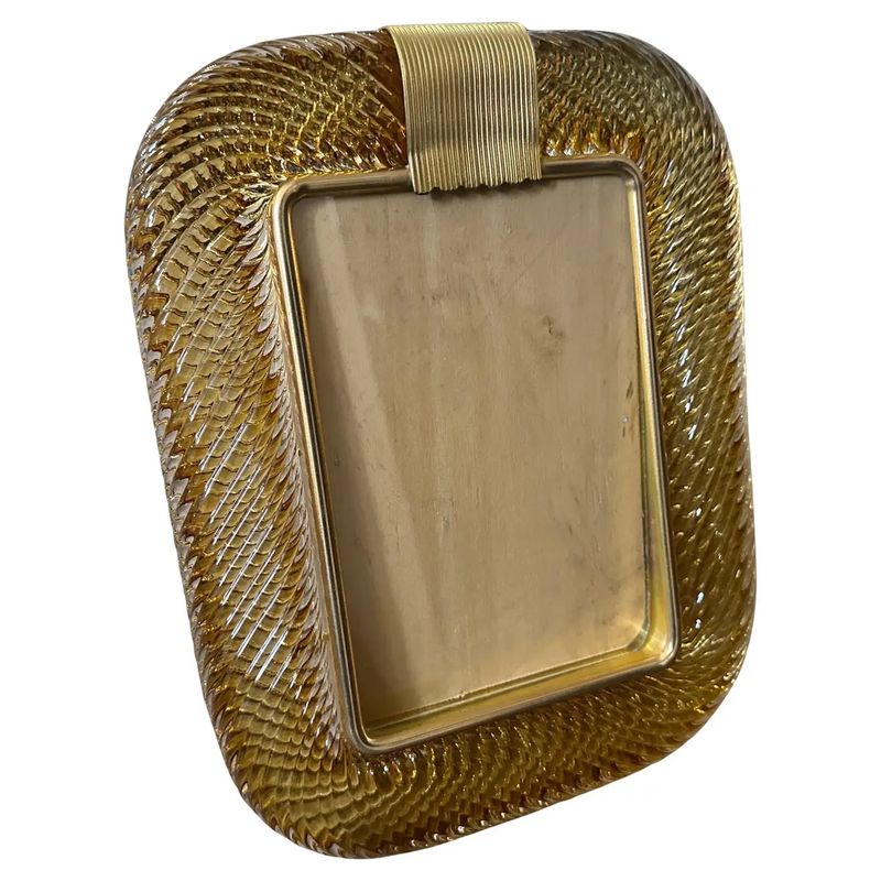 1990s Barovier Style Art Deco Amber Murano Glass and Brass Picture Frame