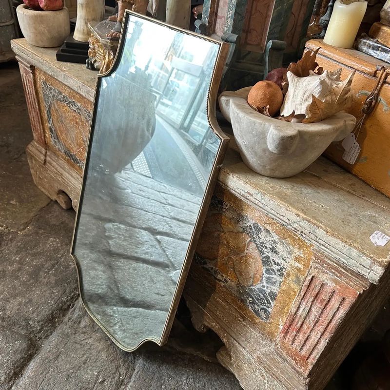 1960s Gio Ponti Style Mid-Century Modern Brass Shield Italian Wall Mirror