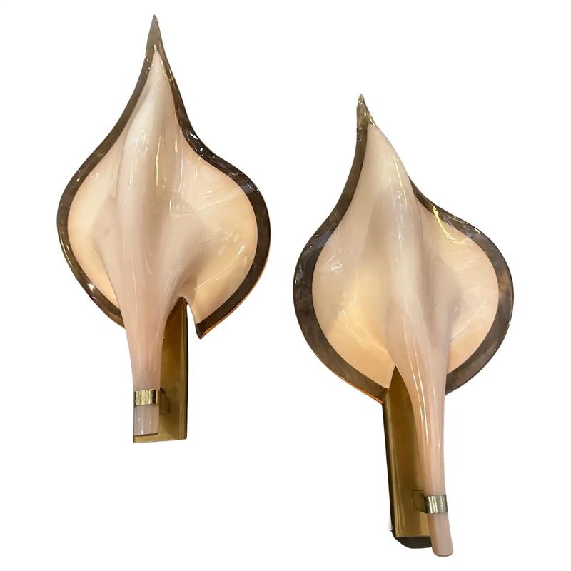 Two 1970s Mid-Century Modern Pink Murano Glass Leaf Wall Sconces by Franco Luce