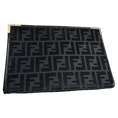1980s Vintage Black on Black Monogram Clutch Bag by Fendi