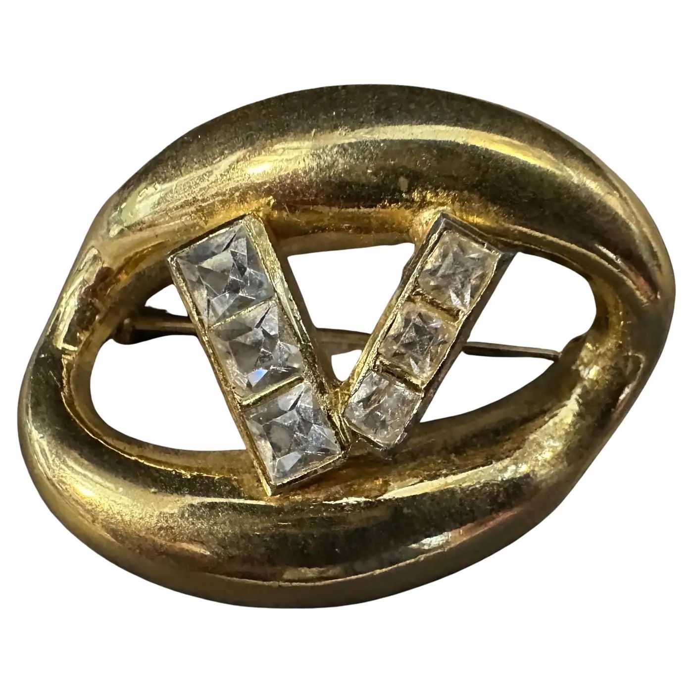 1990s Brass and Strass Logo Brooch by Valentino