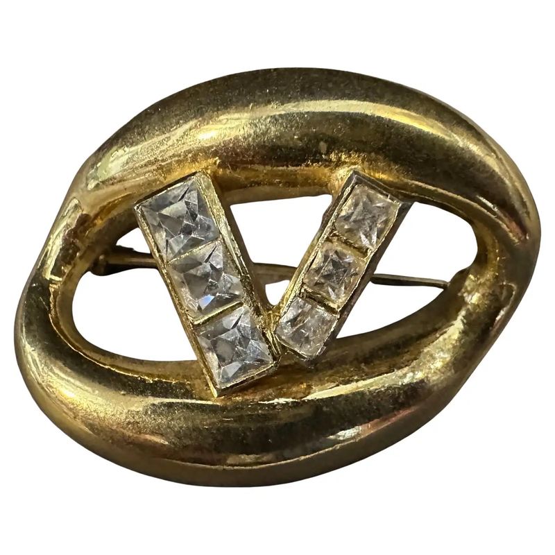 1990s Brass and Strass Logo Brooch by Valentino