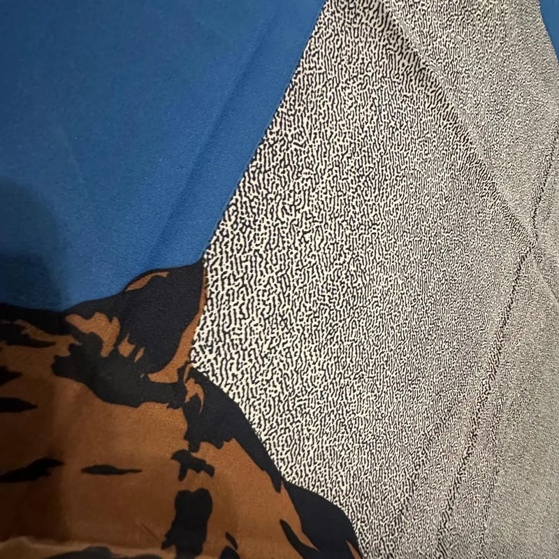 1990s Blue and Brown Silk Panther Scarf By Mariuccia Mandelli for Krizia