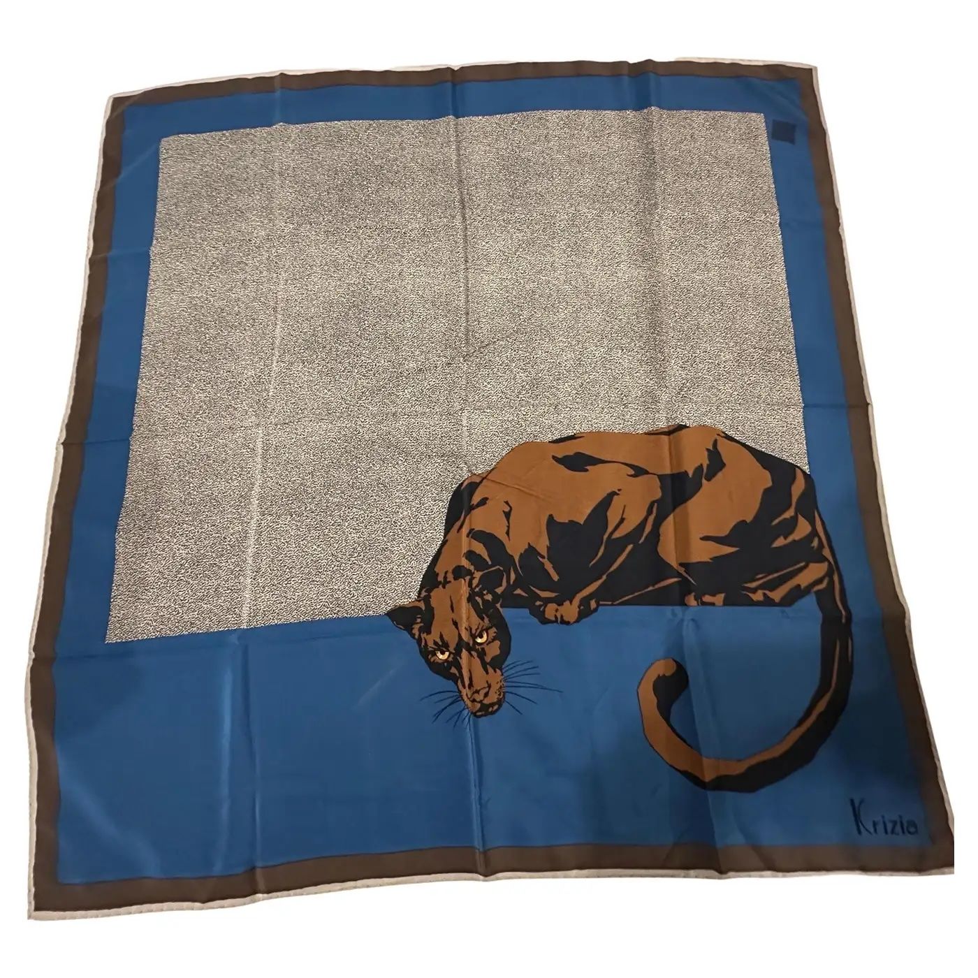 1990s Blue and Brown Silk Panther Scarf By Mariuccia Mandelli for Krizia