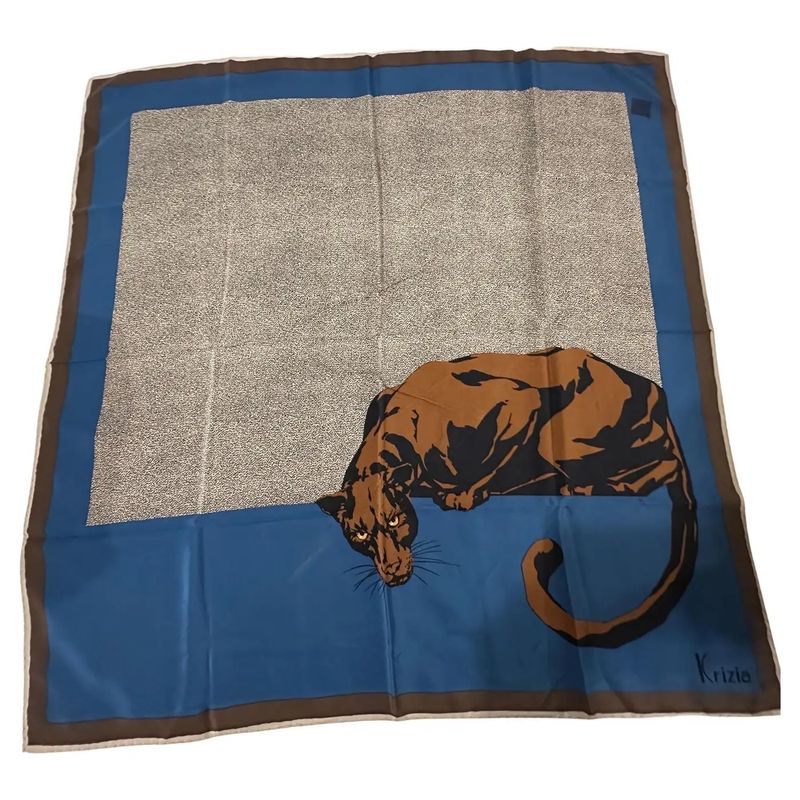 1990s Blue and Brown Silk Panther Scarf By Mariuccia Mandelli for Krizia