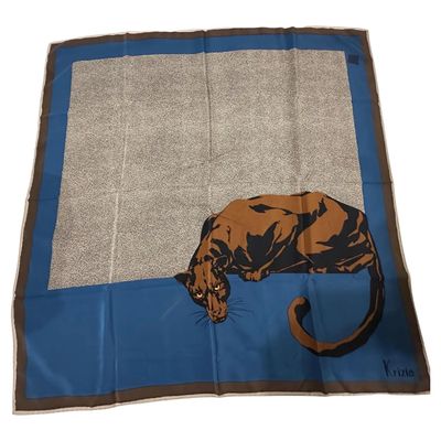 1990s Blue and Brown Silk Panther Scarf By Mariuccia Mandelli for Krizia