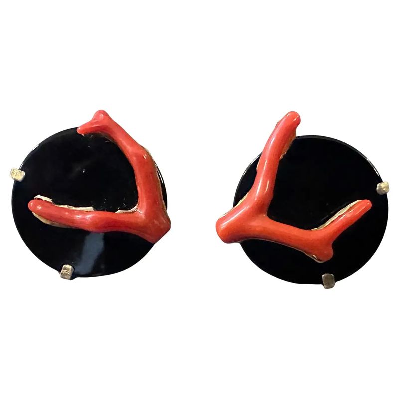 1990s Modern Sterling Silver Black Onyx and Coral Italian Clip-on Earrings