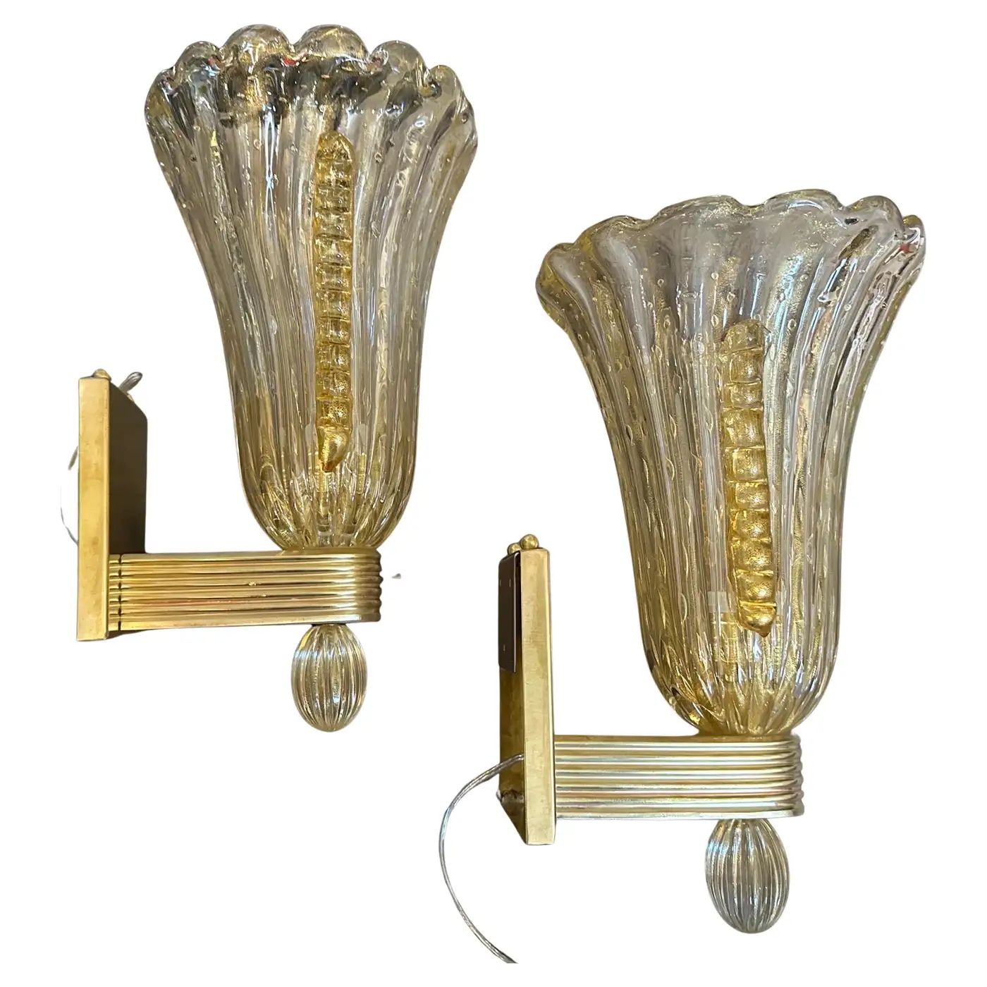 21st Century Barovier Style Modern Amber Murano Glass and Brass Wall Sconces