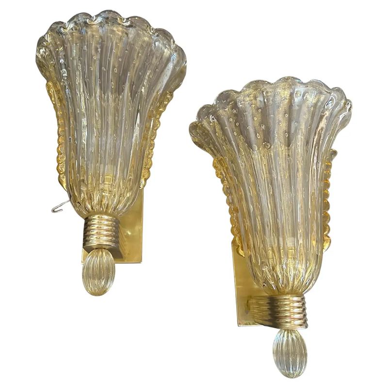 21st Century Barovier Style Modern Amber Murano Glass and Brass Wall Sconces
