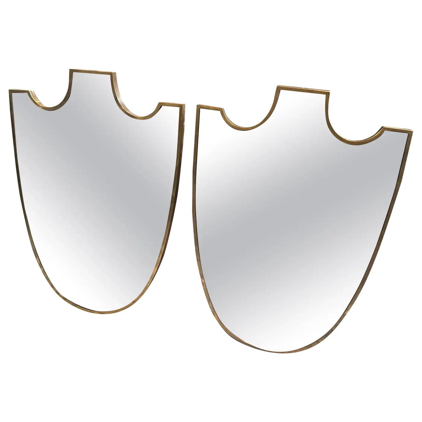 Two 1950s Gio Ponti Style Mid-Century Modern Brass Shield Italian Wall Mirrors