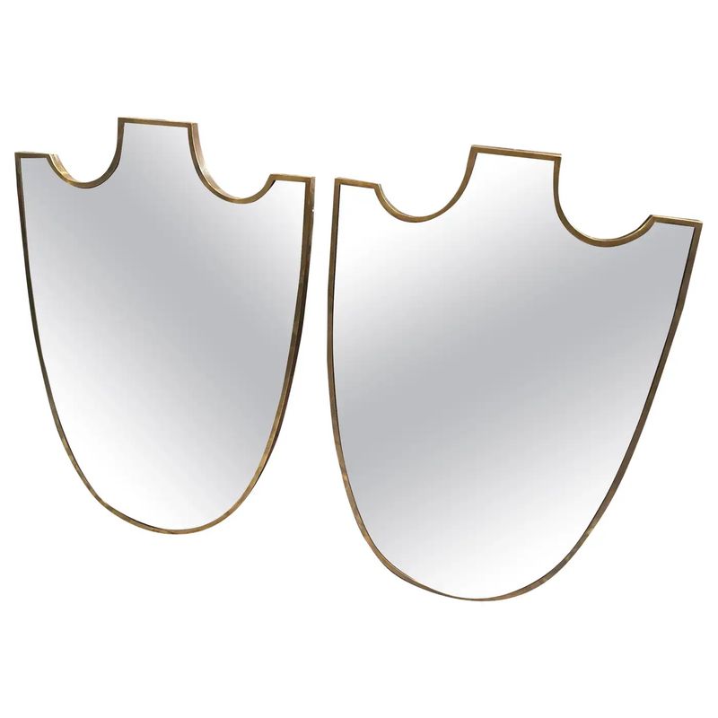Two 1950s Gio Ponti Style Mid-Century Modern Brass Shield Italian Wall Mirrors