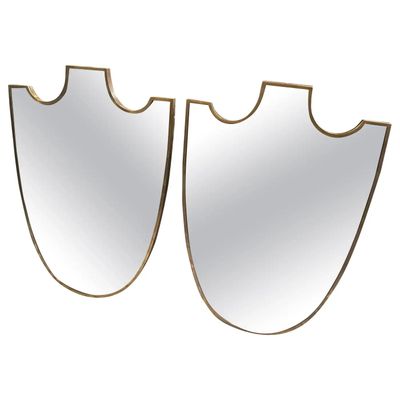 Two 1950s Gio Ponti Style Mid-Century Modern Brass Shield Italian Wall Mirrors