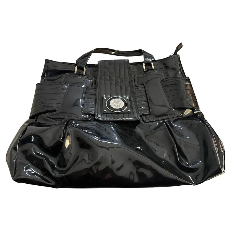 1990s Vintage Black Leather and Plastic Hand-Bag by Gianni Versace