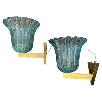 Two 1970s Barovier Style Mid-century Modern Blue Murano Glass Wall Sconces